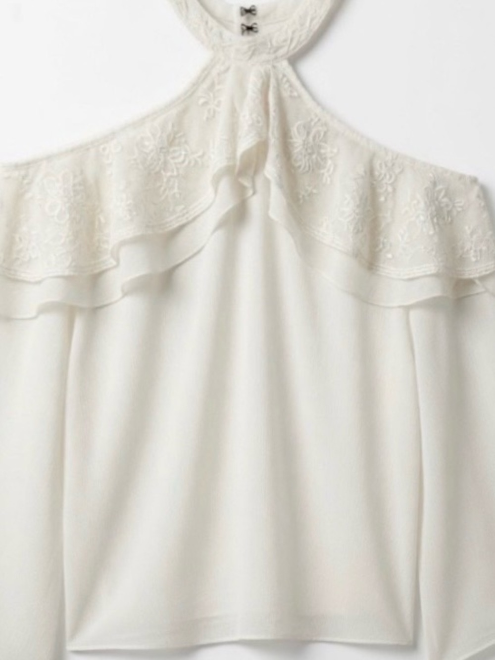 Alice + Olivia Off White Cold-Shoulder Ruffle Neck Lace Detail Blouse: Size L
